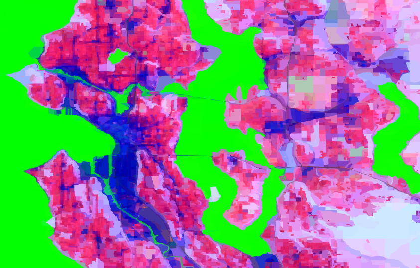 PCA-3 RGB rendering zoomed into Seattle/Bellevue. The dense urban core, suburban neighborhoods, and surrounding forests are clearly differentiated by color.