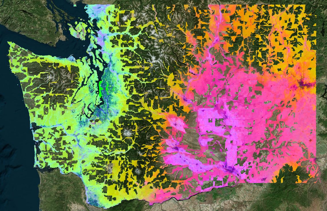 PCA-3 RGB rendering of AEF embedding statistics across Washington State census blocks. Color differences reflect differences in the embedding space — similar land use appears in similar colors.