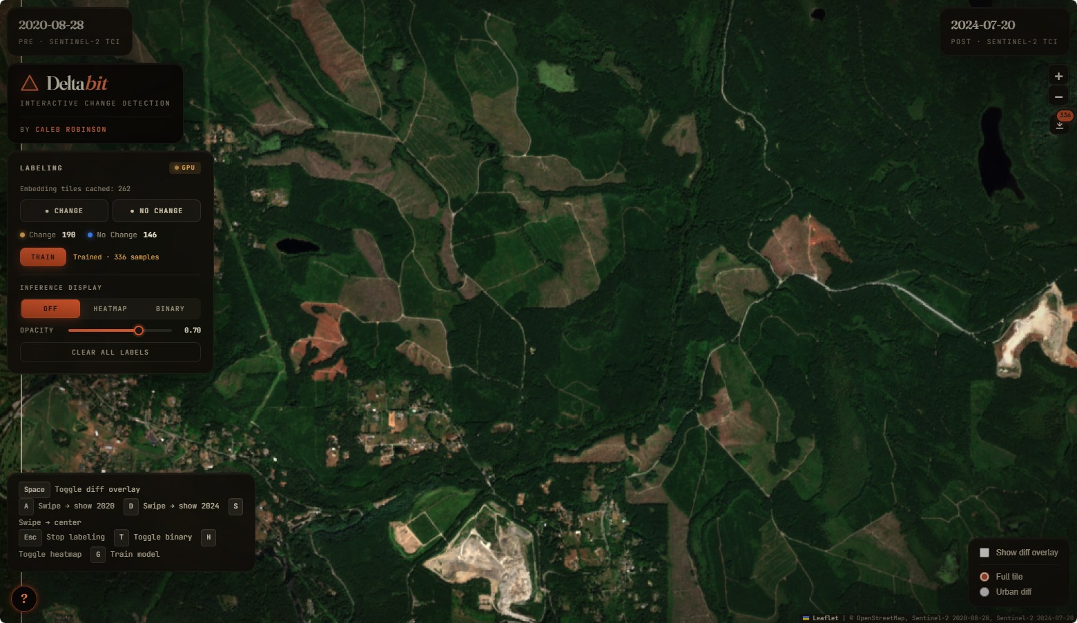 2024 Sentinel-2 true-color crop of the same area; several parcels visibly cleared.