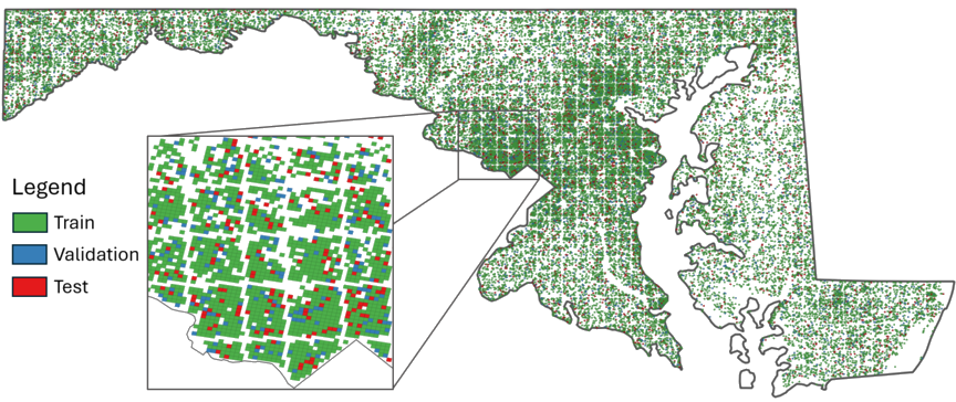 Map of Maryland showing the distribution of 30,000 train, validation, and test patches
