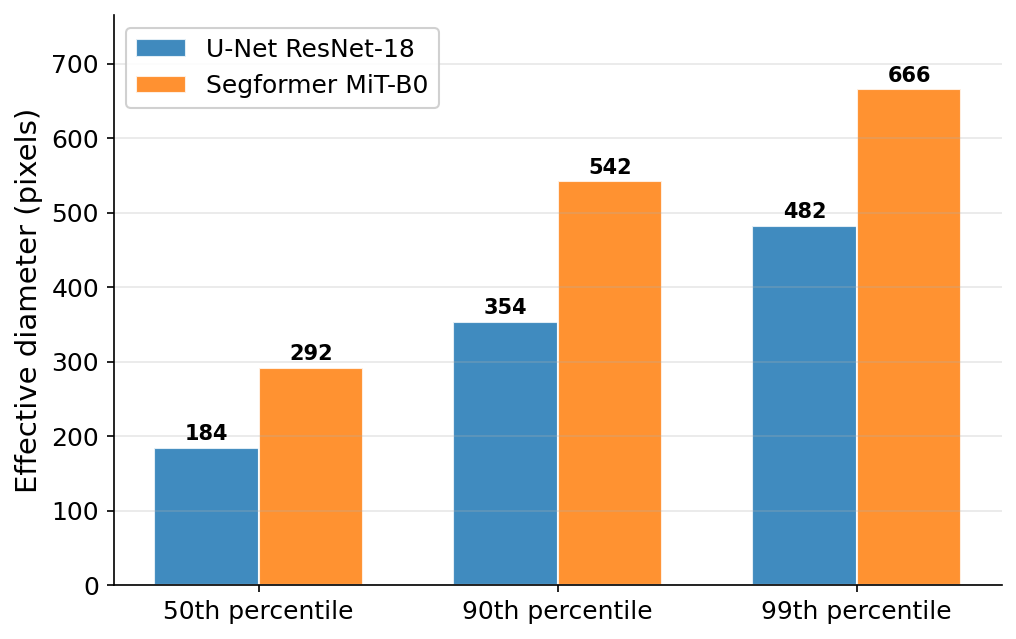 Effective receptive field diameter (in pixels) for road-class predictions at three percentile cutoffs. The SegFormer is 1.4–1.6× wider than the U-Net depending on percentile.